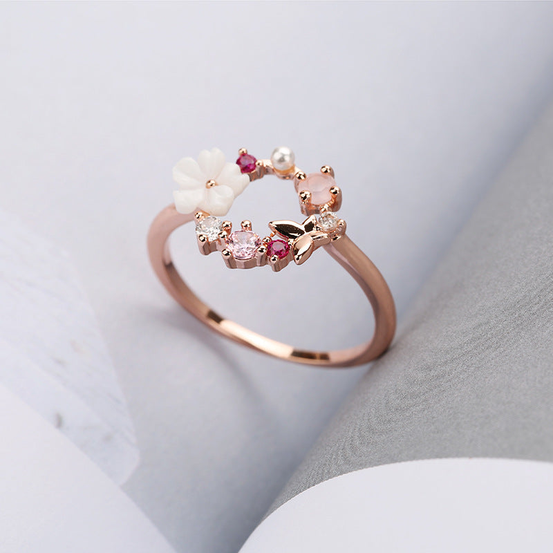 Womens Elegant Butterfly Flower Ring Rose Gold Plated Copper Electroplated Durable Fashion Jewelry Gift For Her
