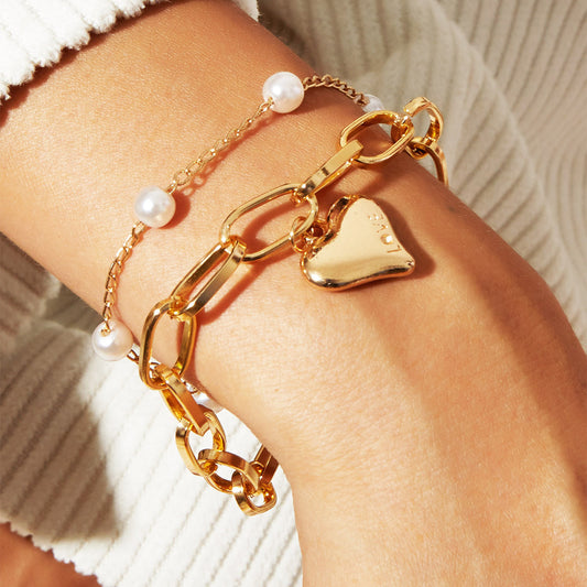 Double Layer Bracelet With Pearl Love Heart Charm Geometric Electroplated Alloy Retro Fashionable Jewelry Gift