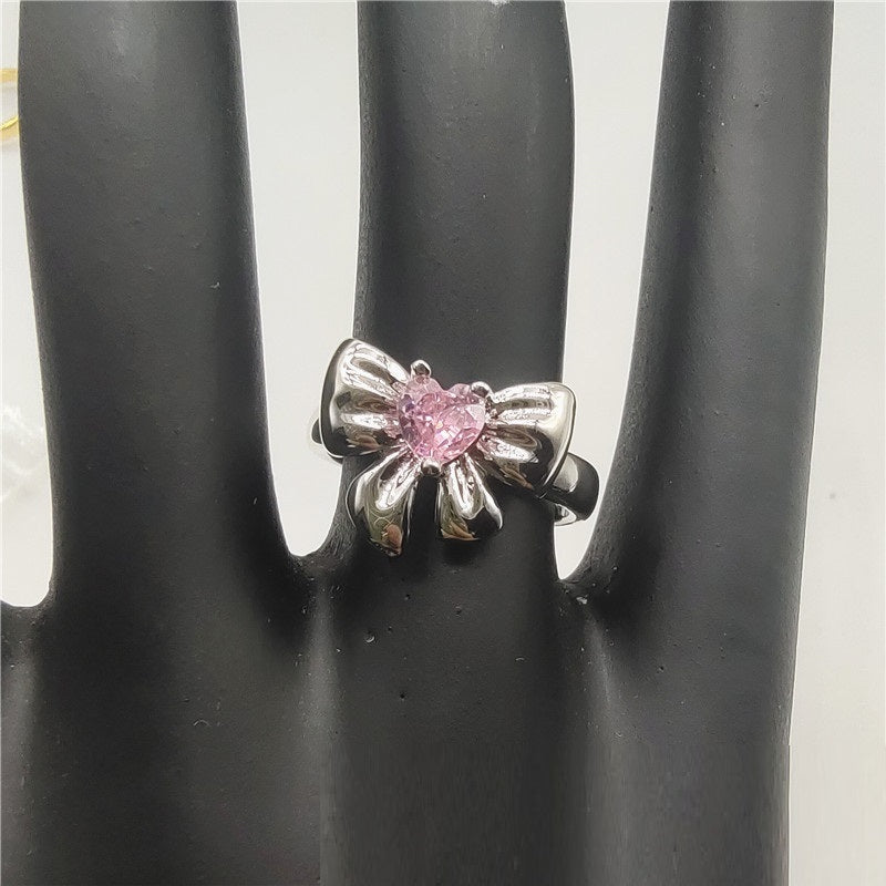 Womens Adjustable Ring Emerald Heart Zircon Bow Copper