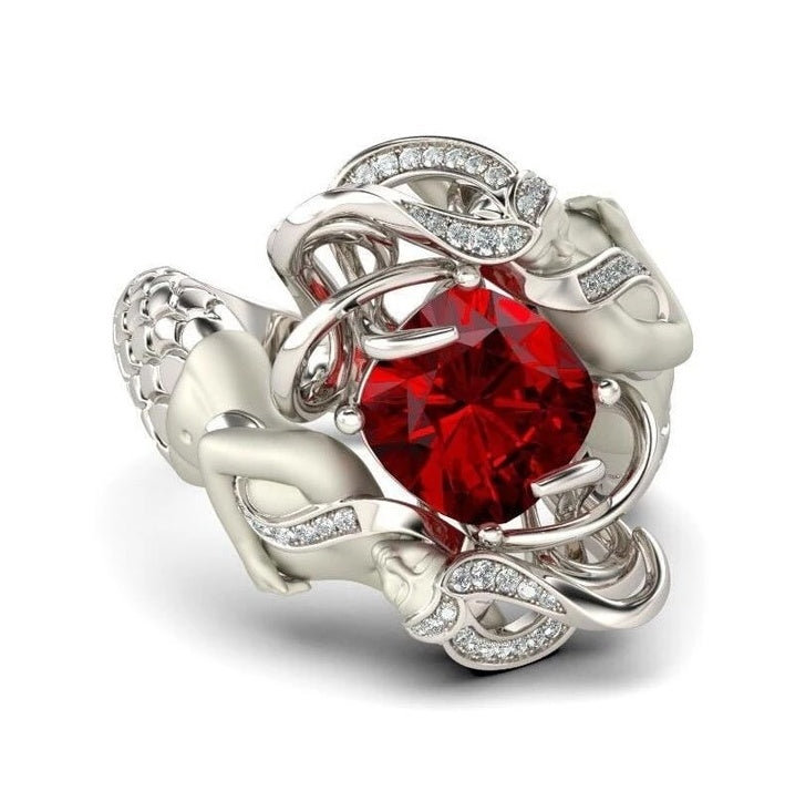 Ruby Gemstone Ring Cushion Cut 925 Sterling Silver Mermaid Design Hypoallergenic Elegant Wedding Jewelry For Women