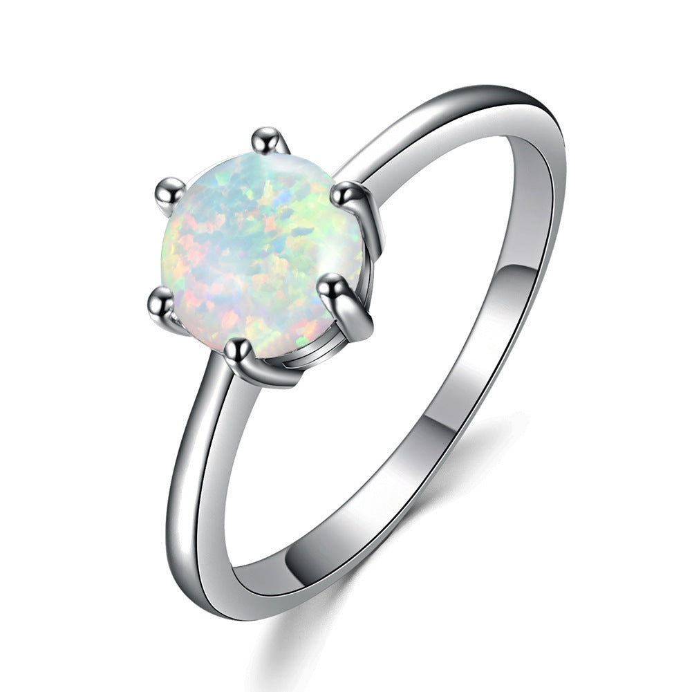 Six Prong Ladies Opal Ring Platinum Main Stone Opal Blue White Colorful Shine Gift For Special Occasions Today
