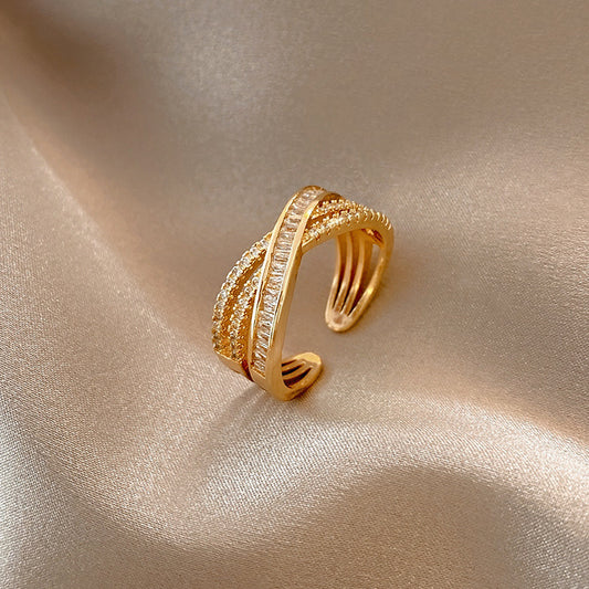 Gold Zircon Forefinger Ring Zip Open Design Open Mouth Copper Jewelry Adjustable Geometric Ellipse Pearl Accent