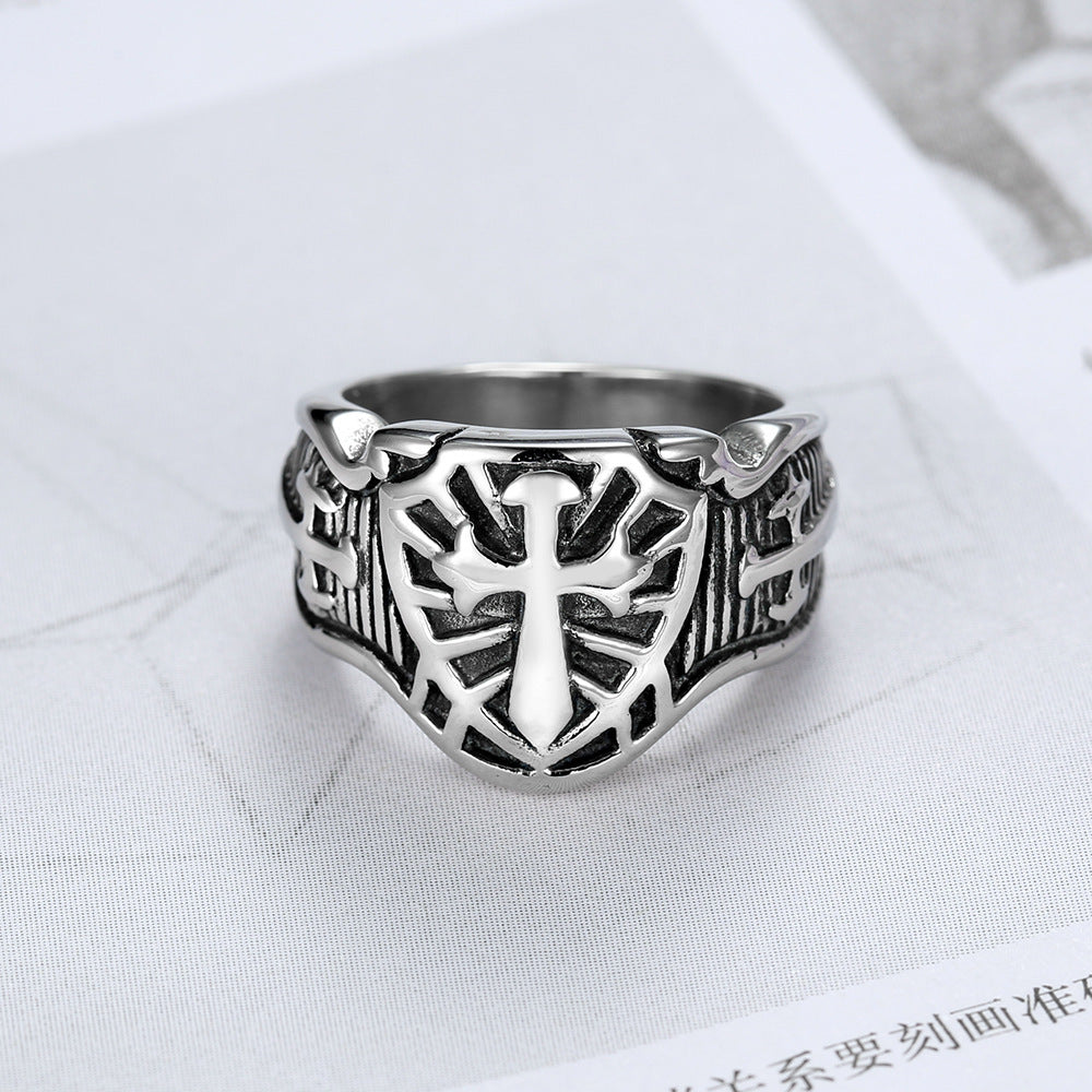 Mens Templar Cross Ring Titanium Steel Band Smear Finish Stainless Steel Jewelry Anchor Series Retro Black Edition