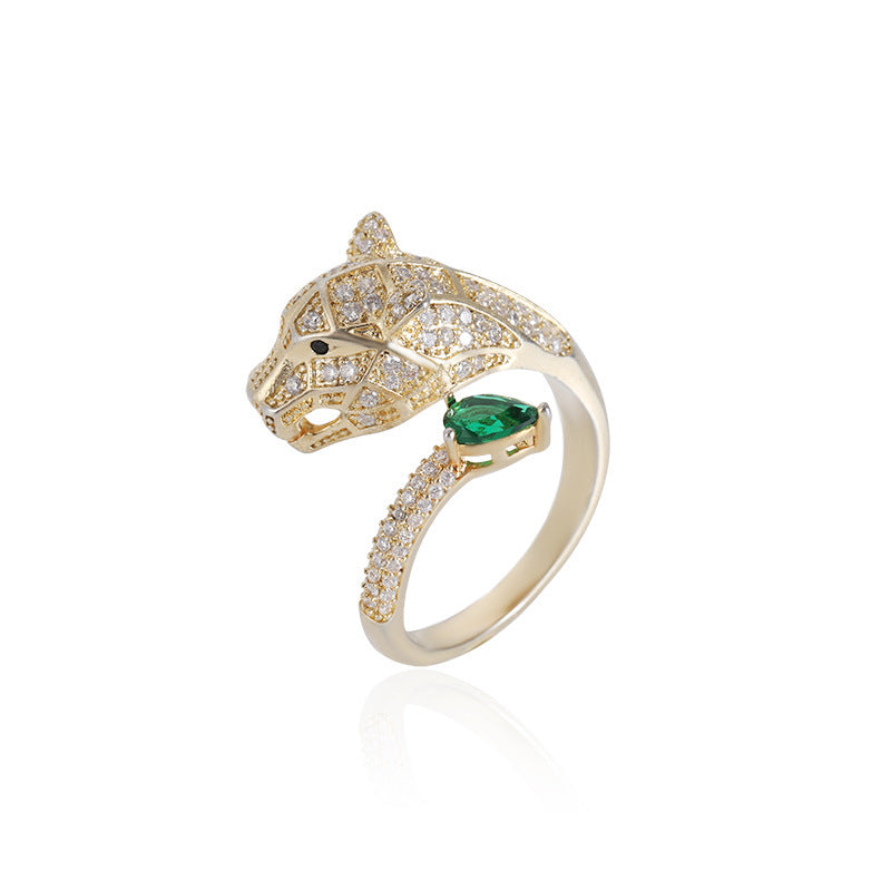 Leopard Head Ring Micro Set Gold Plated Adjustable Opening Copper Jewelry For Women Elegant Dainty Unique Gift