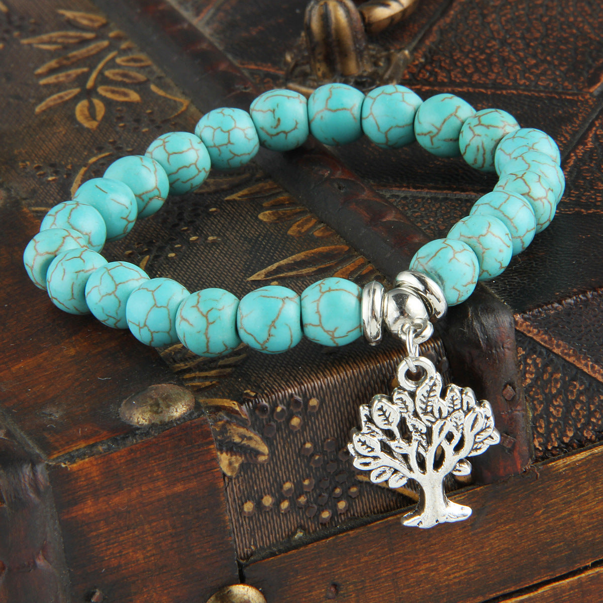 Adjustable Turquoise Beaded Bracelet With Pendant For Women