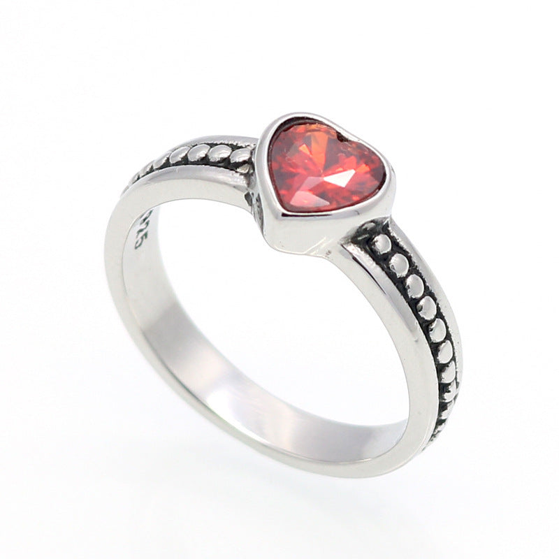 Stainless Steel Heart Shaped Ring Zircon In Vintage European American Style Unisex Jewelry Gleams Shines Stone