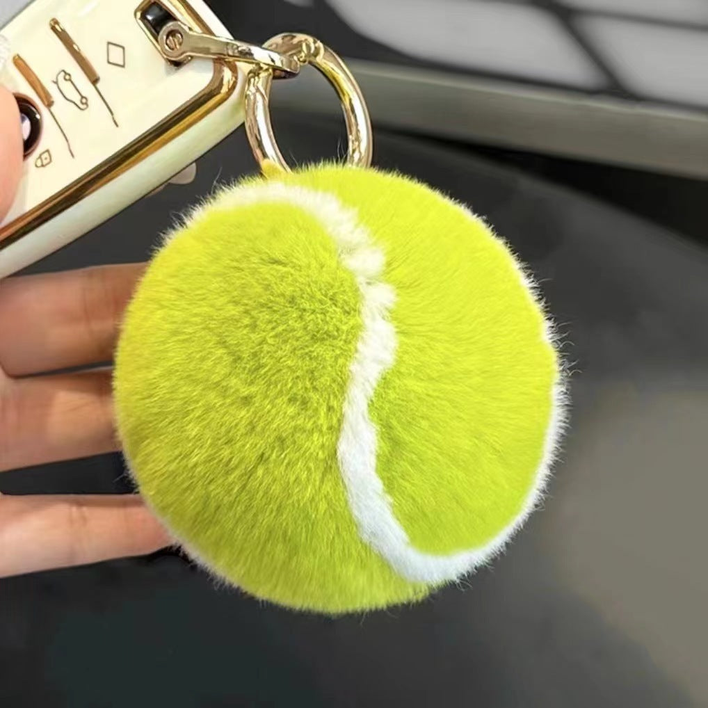 Cartoon Faux Fur Tennis Ball Keychain Ornament Handmade With Round Buckle And Belt Gift For Car Bag Christmas New Year