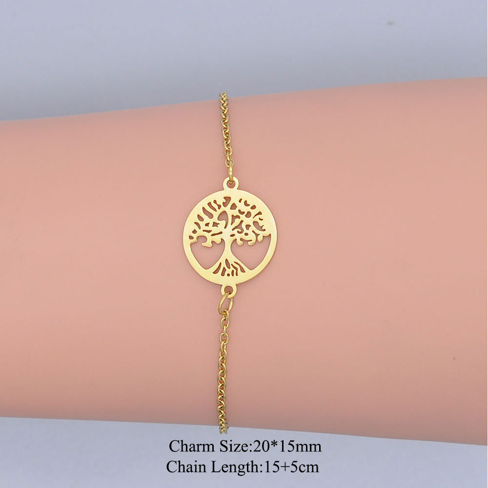 Tree of Life Pendant Bracelet Titanium Steel Electroplated Geometric Hollow Charm on a Delicate Chain for Women