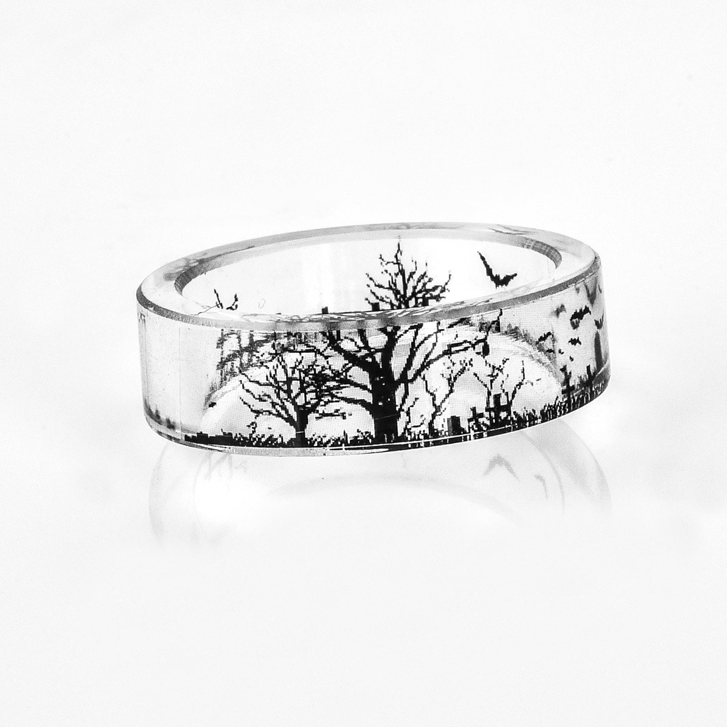 Tree Resin Black And White LandscapeArt Gemstone Epoxy Ring Unisex Simple Style Sizes 17mm 18mm 19mm 20mm 21mm