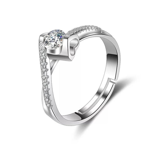 Heart Shaped Couple Rings With Stone Mosaic Adjustable Opening Copper Plated Korean Style For Couples Gift Set