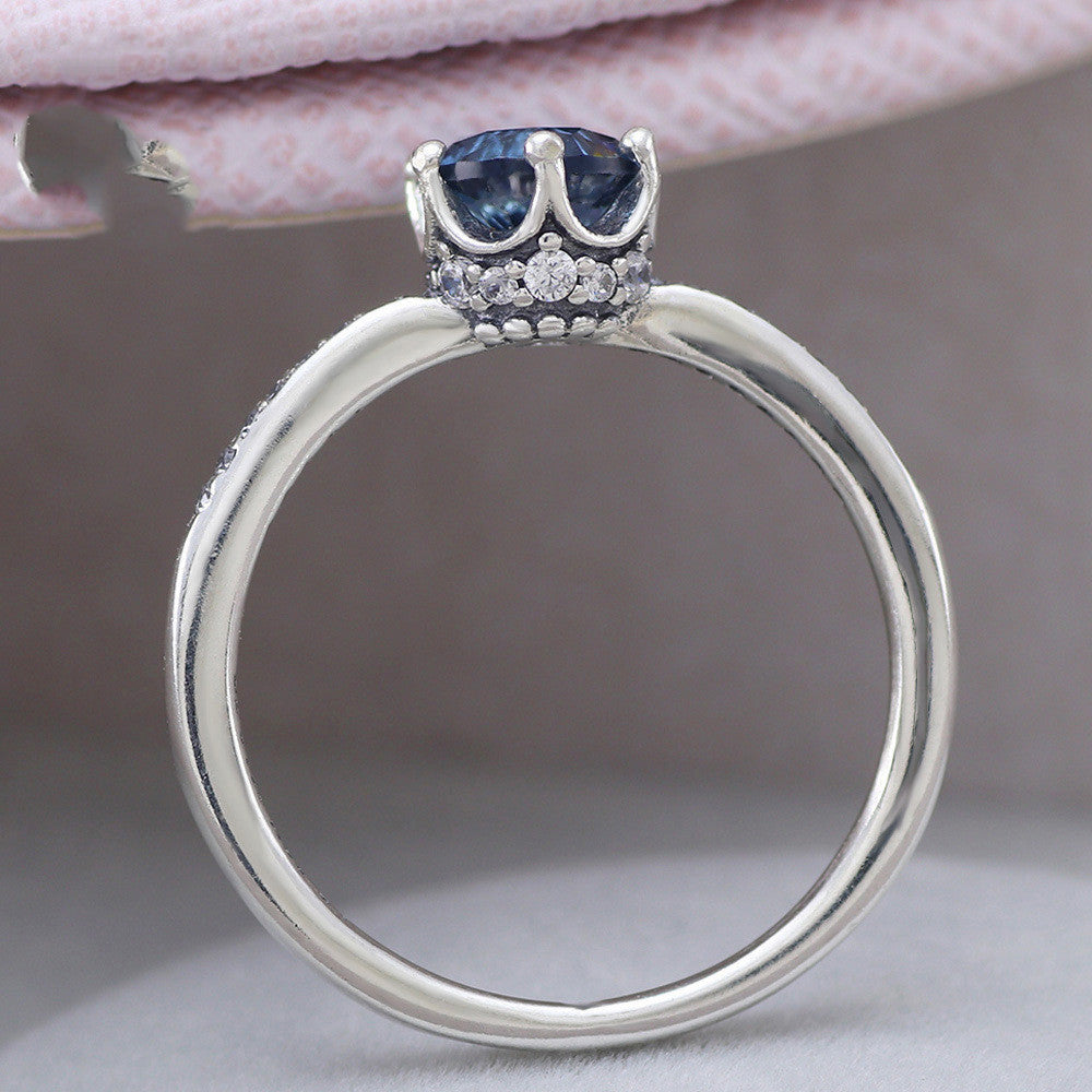 Silver Crown Ring For Women With Blue Zircon Accents European Fashion Jewelry Elegant Statement For Everyday Wear