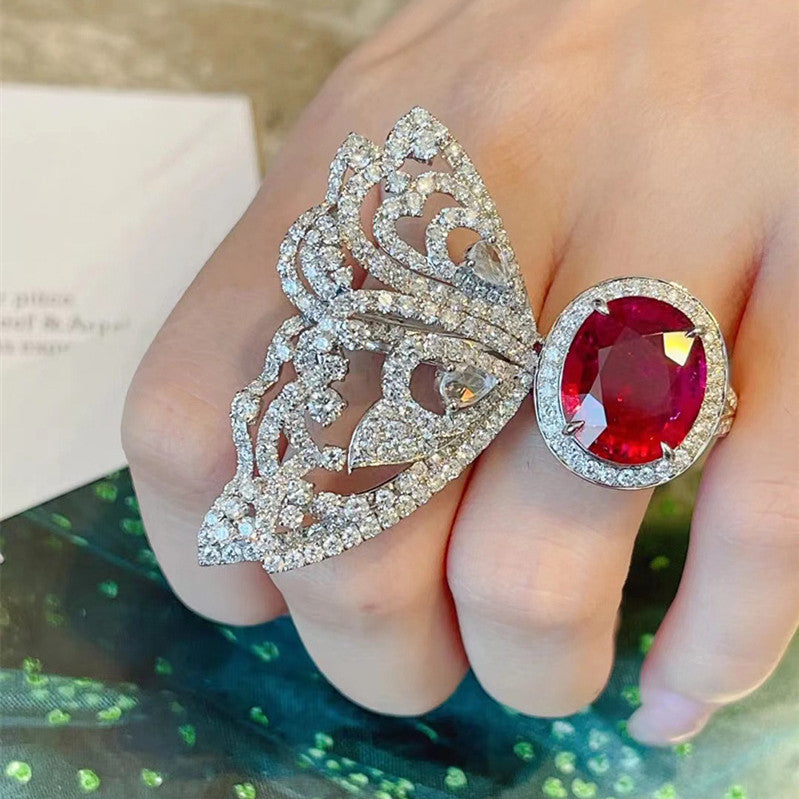 Womens Adjustable Opening Ring with Bow Design Copper Ring Featuring High-Grade French Ruby Color Zircon Elegant Jewelry Treasure Ring Special Occasions