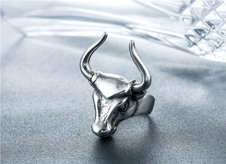 Retro Punk Bull Head Bull Men's Titanium Steel Ring