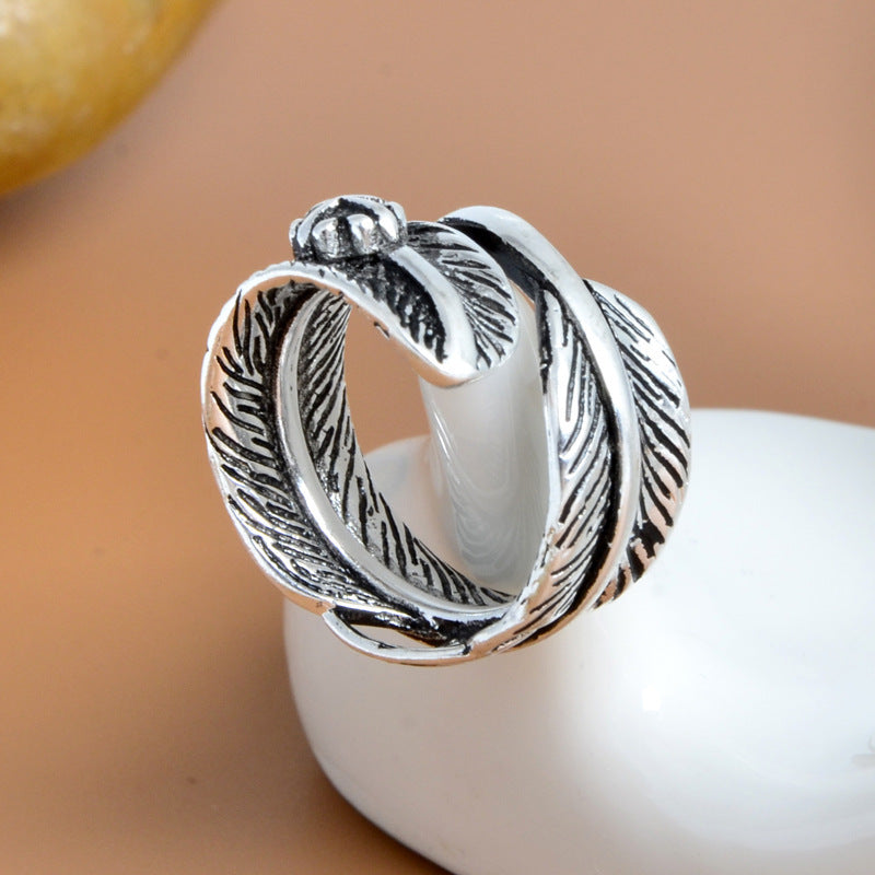 Adjustable Feather Ring Open Design Metal Electroplated Thai Silver Finish Feather Jewelry For Index Finger Ring