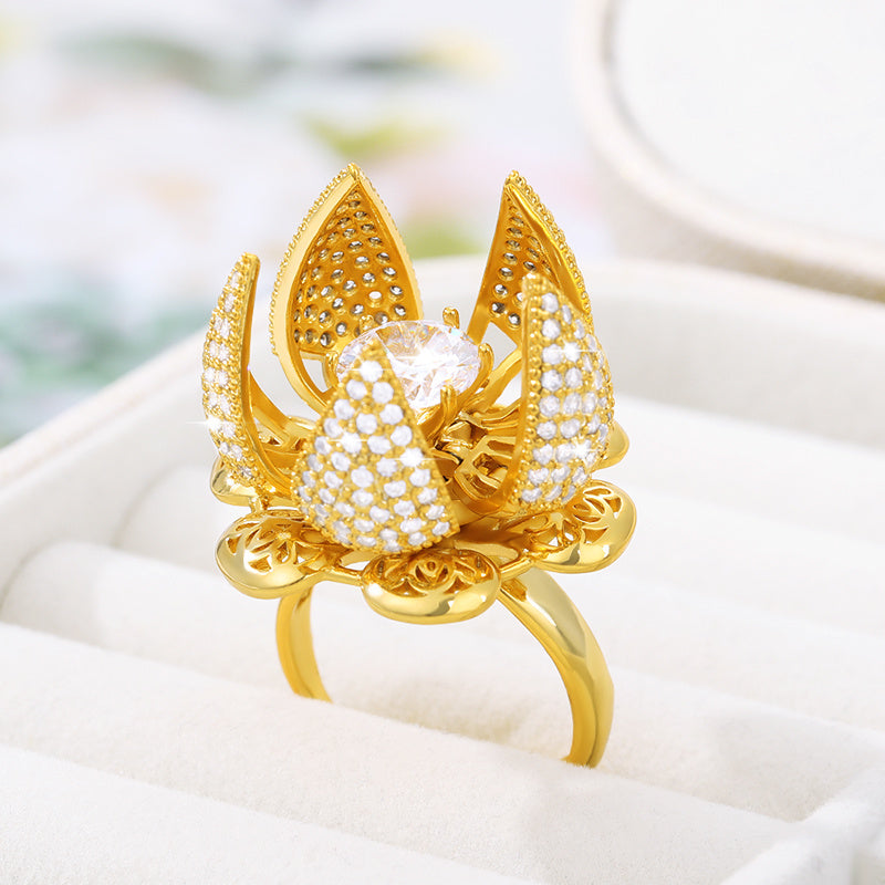 Womens Copper Ring Zircon Flower Design Luxe Gold Plated Inlaid Artificial SemiPrecious GemsIndividually Packed