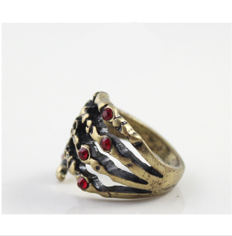Skeleton Hand Ring With Flash Diamond Alloy Accent Retro Gold Tone Punk Fashion Jewelry Statement Ring For Men