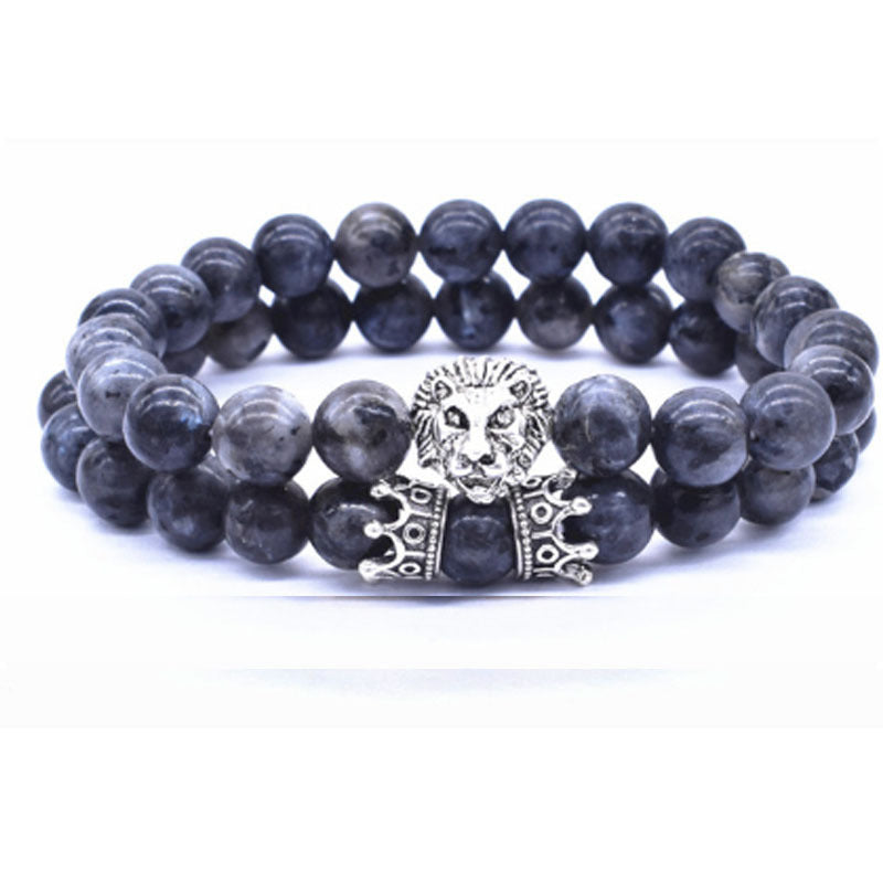 Lion Head Bracelet Crown Charm Alloy Bracelet For Men And Women Natural Stone Accents Adjustable Length 19cm Cord
