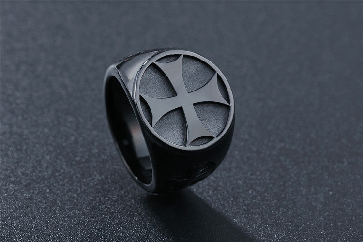 Men's Titanium Steel Ring Retro Cross Medal Design Statement Band Unique Personality Jewelry Gift for Him Fashion Accessory Black Steel Gold Tone