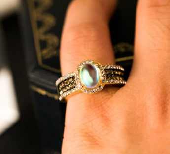 Womens Moonstone Ring 14K Gold Plated Alloy Crystal Jewelry Exquisite Sparkling Design with Crystal Accents Elegant