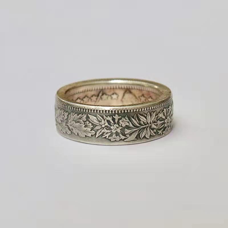 Handmade Coin Rings With Edelweiss Pattern Silver Plated Unisex Retro Geometric Jewelry Elegant Vintage Finish