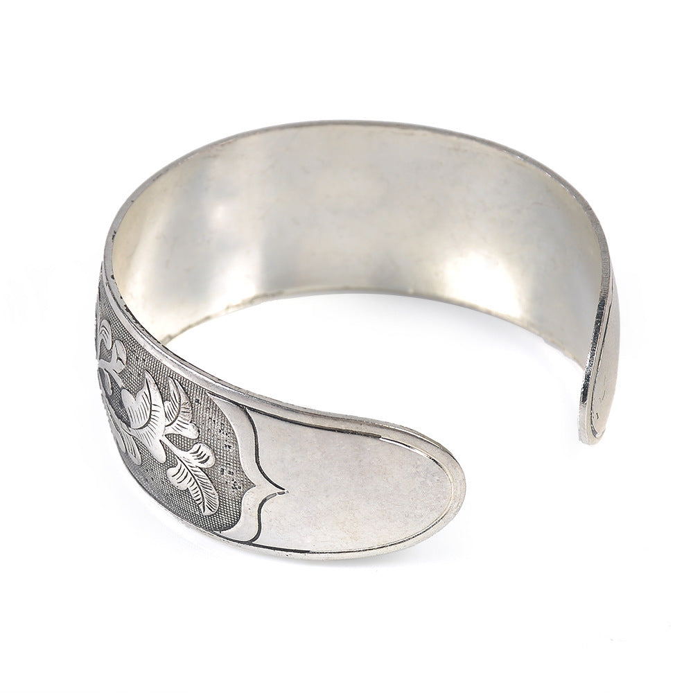 Peony Flower Bracelet Silver Plated Bangle 2.5cm Wide Floral Design For Women And Girls Inner Diameter 5.9cm