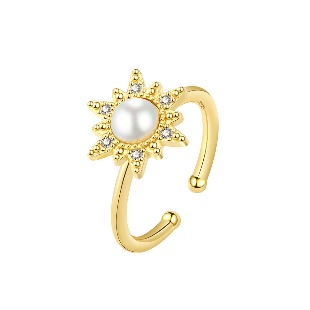 Rotatable Sunflower Pearl Ring With Adjustable Opening Copper Three Layer Plating Gold Platinum Finish Face 14mm