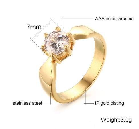 Womens 7mm Titanium Steel Gold Plated CZ Ring Single Stone Wedding Band Timeless Glow Sparkling Polish Jewelry