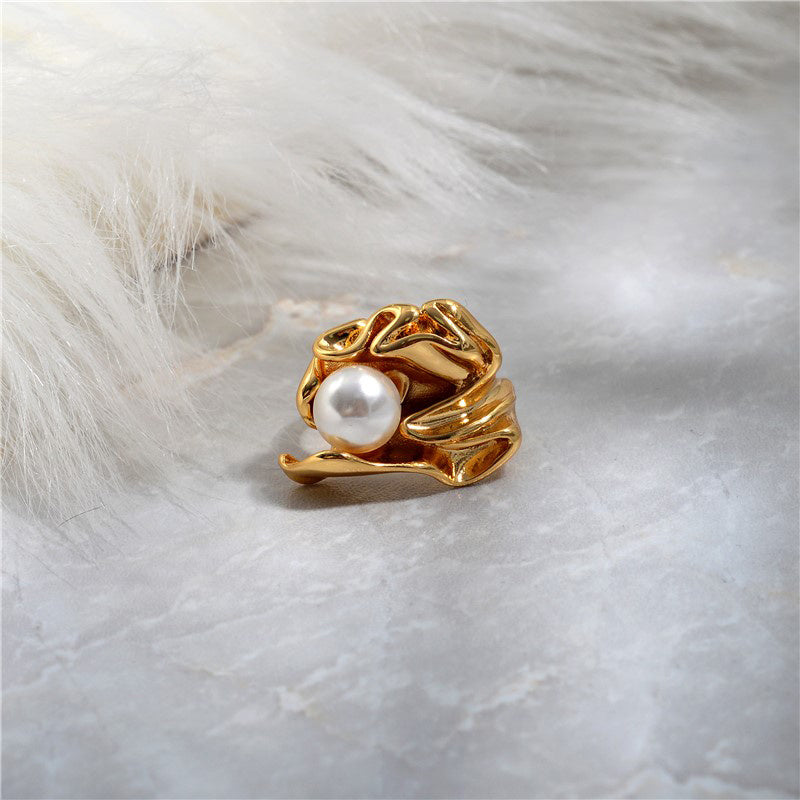 Pearl Ring With Leaves Metal Vintage Geometric Style Electroplating Processing Type Modeling Material Geometric