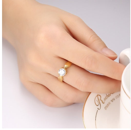 Womens 7mm Titanium Steel Gold Plated CZ Ring Single Stone Wedding Band Timeless Glow Sparkling Polish Jewelry