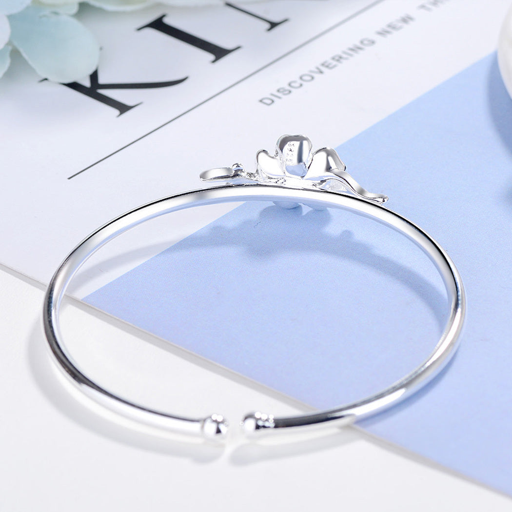 Women Copper Silver Crystal Flower Bracelet Chic Leaf Cuff Bangle Nature Inspired Adjustable Wristband Fashion