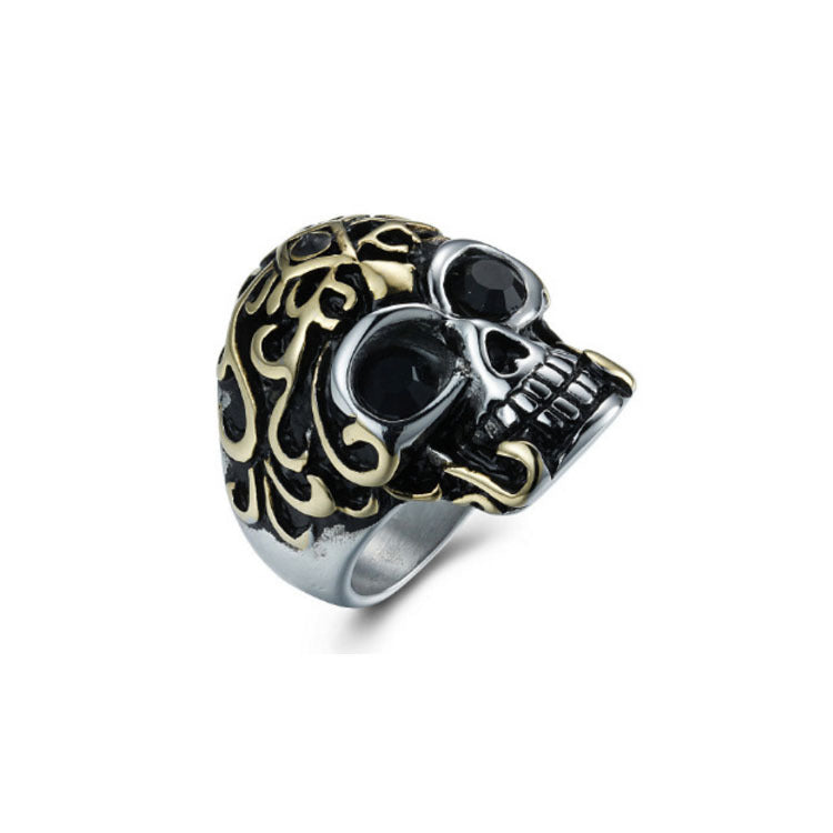 Mens 18K Gold Plated Stainless Steel Skull Ring European Ghost Head Customizable Inlaid Gemstone Rings For Men