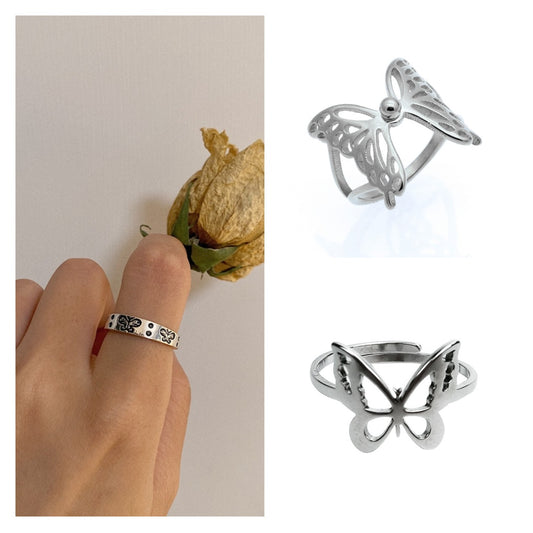 Adjustable Butterfly Ring Stainless Steel Unisex Ring With Opening Feature Individually Packed Couple Ring Set