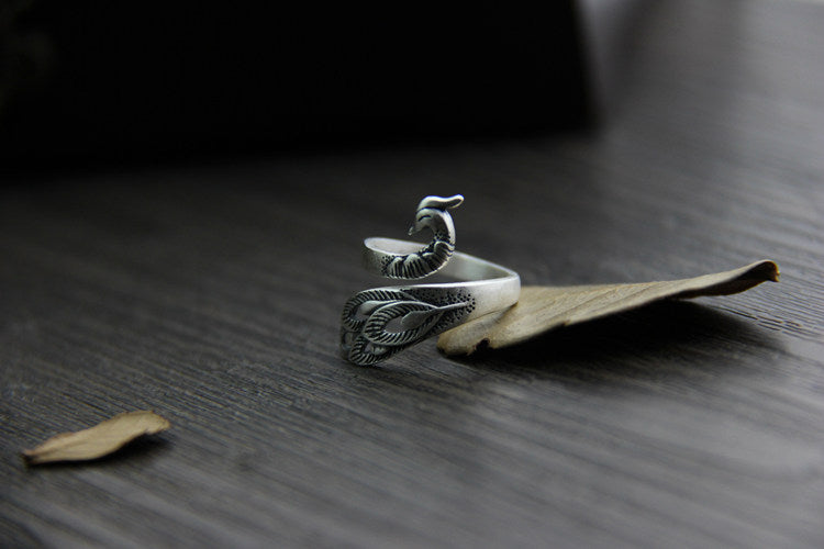 Adjustable Material Opening Silver Peacock Animal Zodiac Ring Fashion Jewelry Gift for Her Vintage Style Sizes