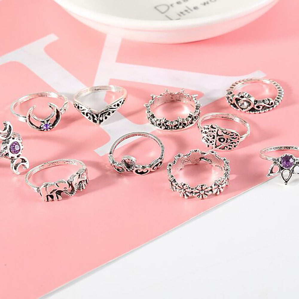 Palm Crown Ring Set Crystal Zirconium Rhinestone Accented Luxury Alloy Rings for Women and Girls Jewelry Style