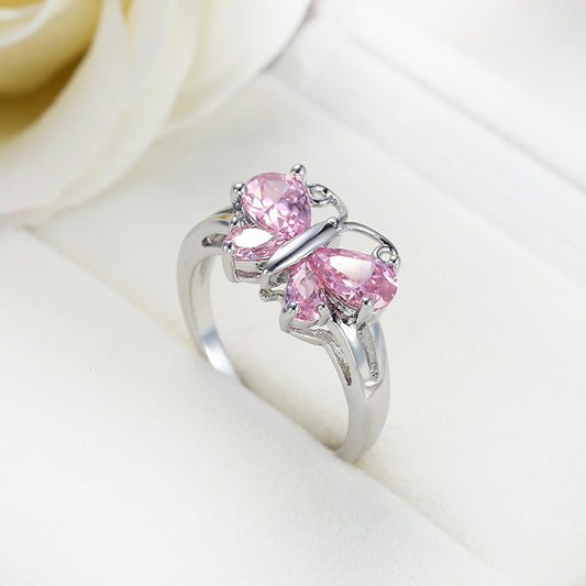 Pink Zircon Butterfly Ring Platinum Plated Copper Elegant Dainty Fashion Jewelry Sparkling Chic Accessory Gift