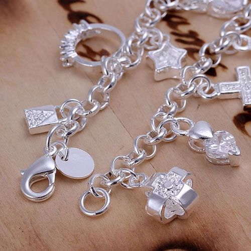 Silver Plated Fashion Bracelet With Thirteen Hanging Charms Elegant Design Alloy Base 21 Cm Length Daily Style On Trend