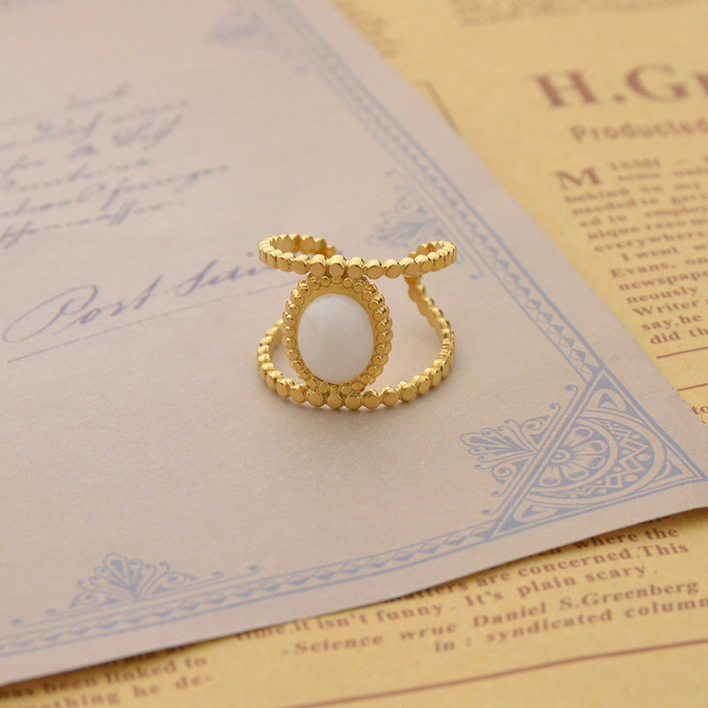 Womens White Jade Ring Geometric Design Stainless Steel Gold Tone Statement Jewelry Fashion Accessory Durable Elegant