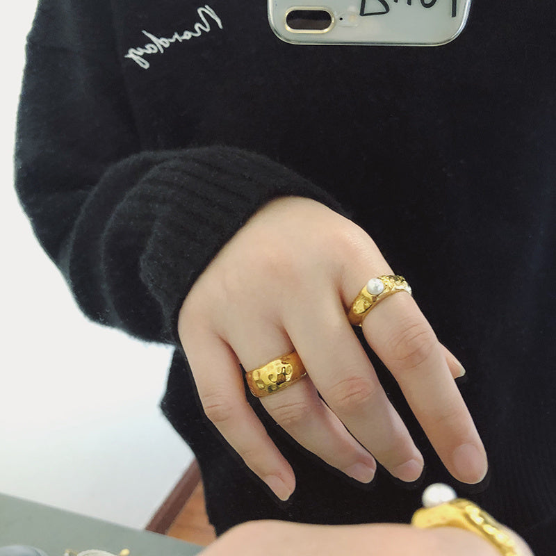 Titanium Steel Ring With Artificial Pearl Irregular Dot Design Fashion Jewelry Band Delicate Ring For Women And Girls