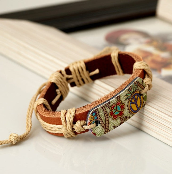 Leather Bracelet With Peace Sign And Geometric Design For Men And Women Unisex Accessory Durable Everyday Wear