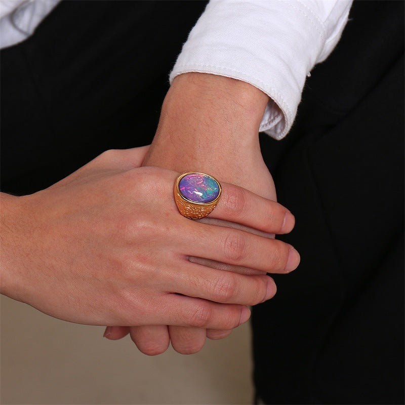 Stainless Steel Opal Inlay Ring For Men And Women Cast Design Jewelry European Style Opal Inlay Band For Everyday Wear Styles