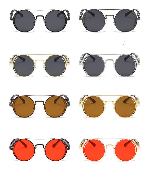 Mens Steampunk Sunglasses With Metal Frame And Plastic Accents Unique Double Spring Leg Design Fashion Eyewear Style