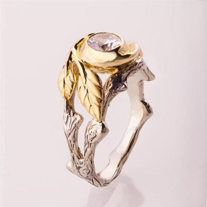 Gold Plated Couple Ring With European Branch Design Alloy Band Gems Semi Precious Stones For Elegant Gift Wear