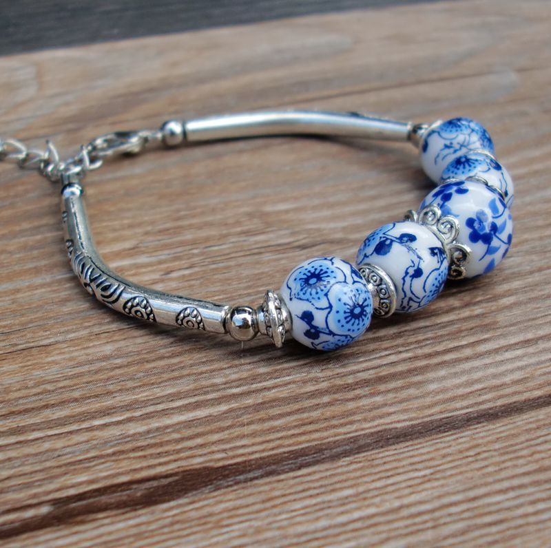 Handmade Porcelain Bracelets Blue And White Ceramic Jewelry With Alloy Accent Retro Elegant Hand Ornament Gift