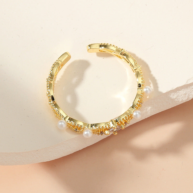 Womens Adjustable Copper Ring With Zircon Inlay Geometric Pearl Open Band Golden Design Lightweight Light Feel