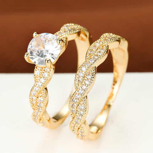 Golden Four Claw Round Cross Twist Ring For Women Copper Jewelry Two Piece Set Geometric Polished Wear Elegant