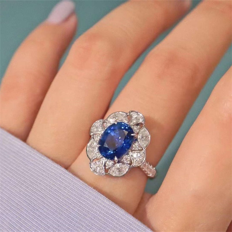 Womens Sapphire Full Diamond Open Ring Copper Adjustable Opening Geometric Style Dark Blue High Quality Design