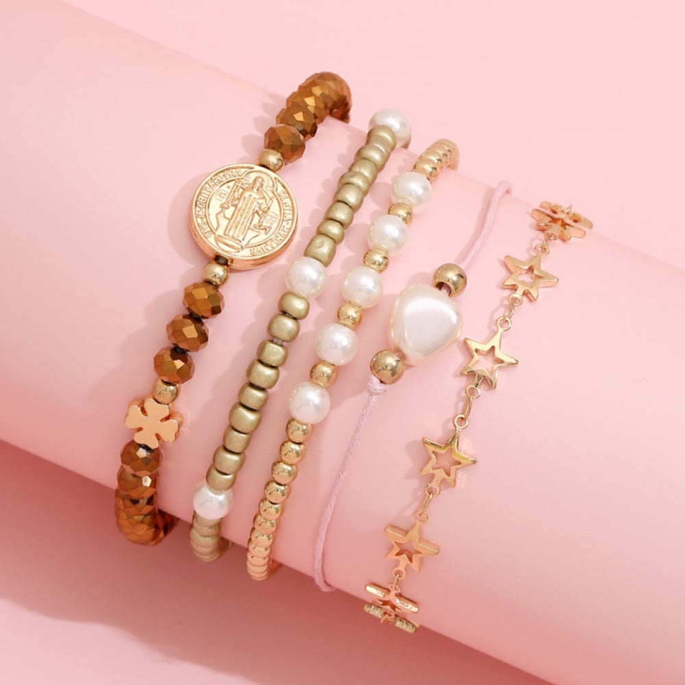 Unisex Bracelet Set Five Pointed Star Beaded Four Leaf Clover Pearl Woven European Style Alloy Bracelets Five Piece
