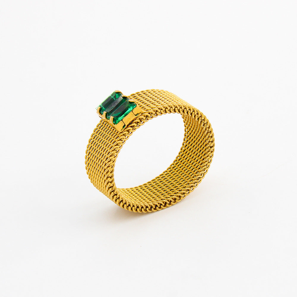 Unisex Stainless Steel Mesh Ring Inlaid Zircon Geometric Designs Electroplated Jewelry White Green Size 6 7 8 9