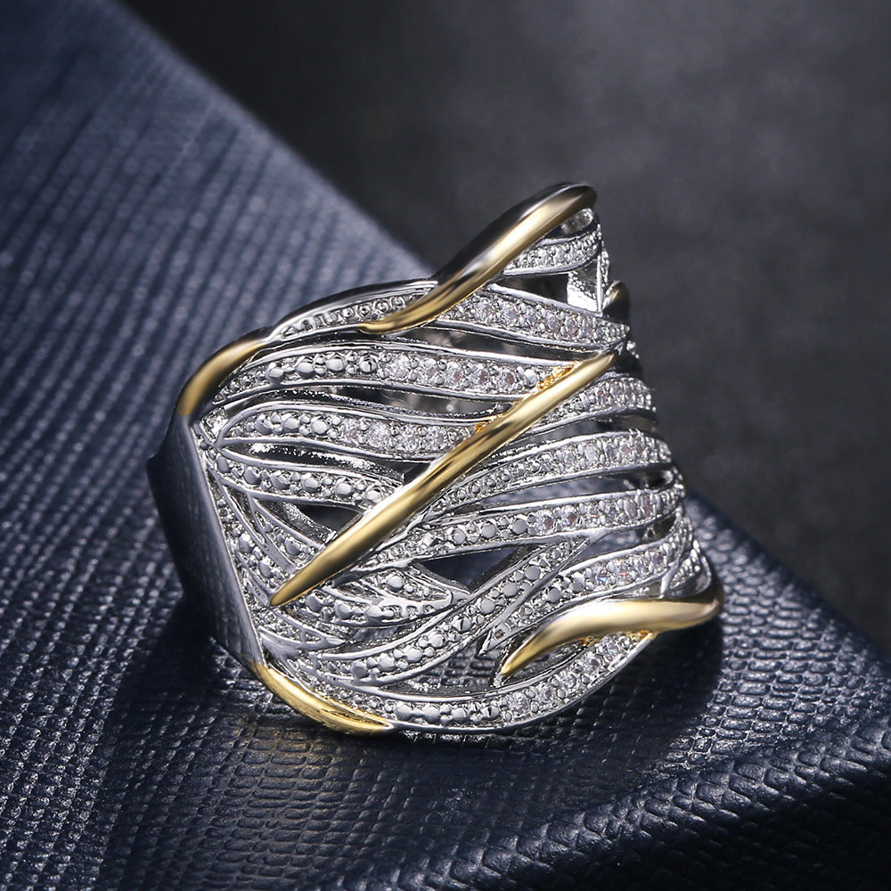 Womens Feather Ring Gold Plated With Sparkling Diamond Zircon Two Tone Finish Multi Layer Winding Design Feather