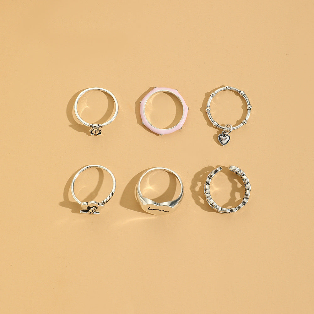 Womens Flower Charm Ring Set 6 Zinc Alloy Love Rings